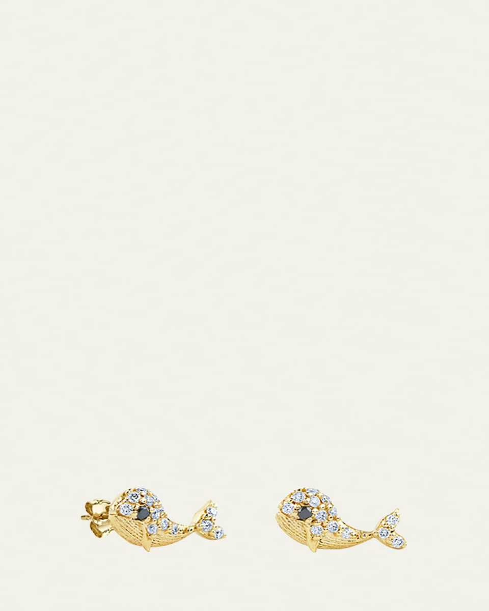 14K Yellow Gold Whale Stud Earrings with Diamonds